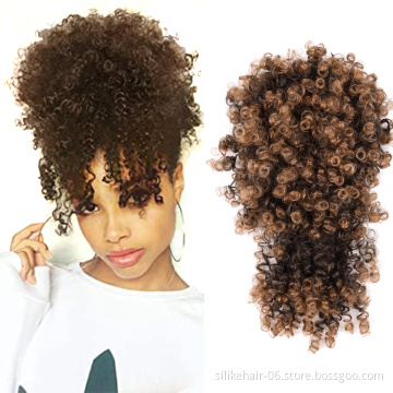 High Puff Hair Pieces Short Brown Pony Tail Warp Bun Afro Kinky Curly Wig Ponytail Chignon With Bang Synthetic Hair Extensions